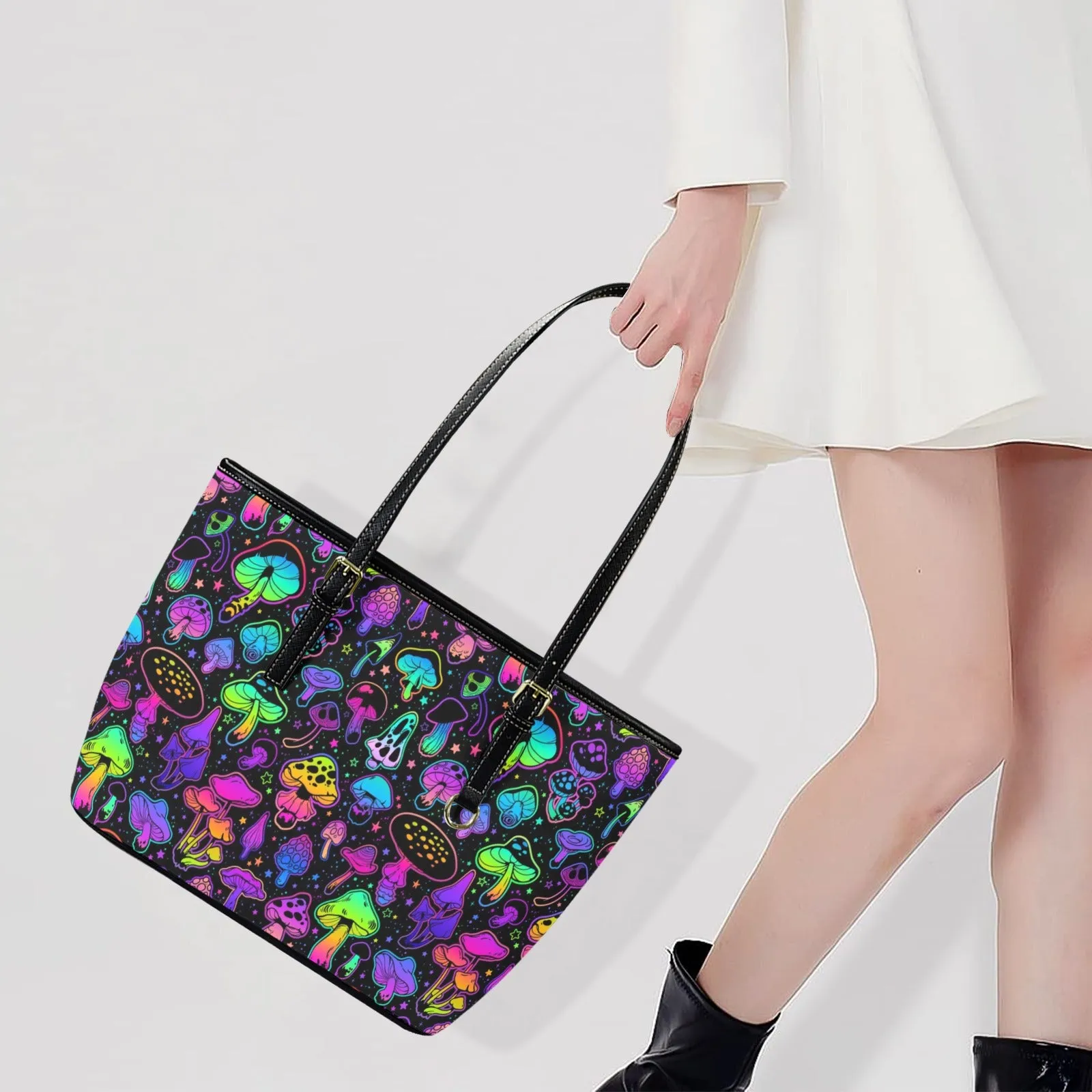 Mushroom Tote Bag Purse, Colorful Psychedelic Witchy Art Women Vegan Leather Handbag  Zip on Top Designer Handmade Shoulder Ladies Bag