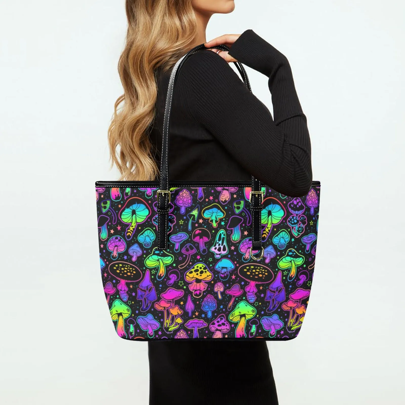 Mushroom Tote Bag Purse, Colorful Psychedelic Witchy Art Women Vegan Leather Handbag  Zip on Top Designer Handmade Shoulder Ladies Bag