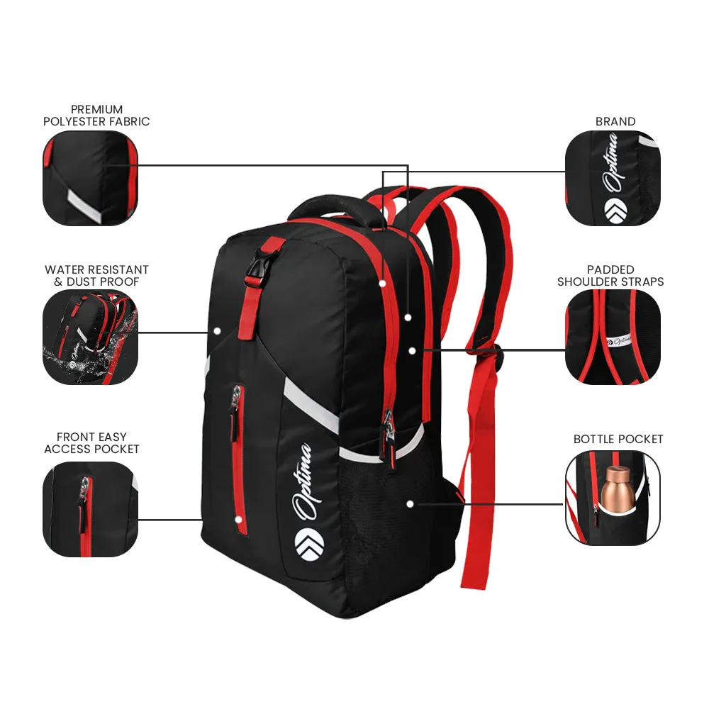 Optima Casual Backpack 28L, 2 Main Compartments, Bottle Pocket, Front Pocket, Padded Shoulder Strap(Red)