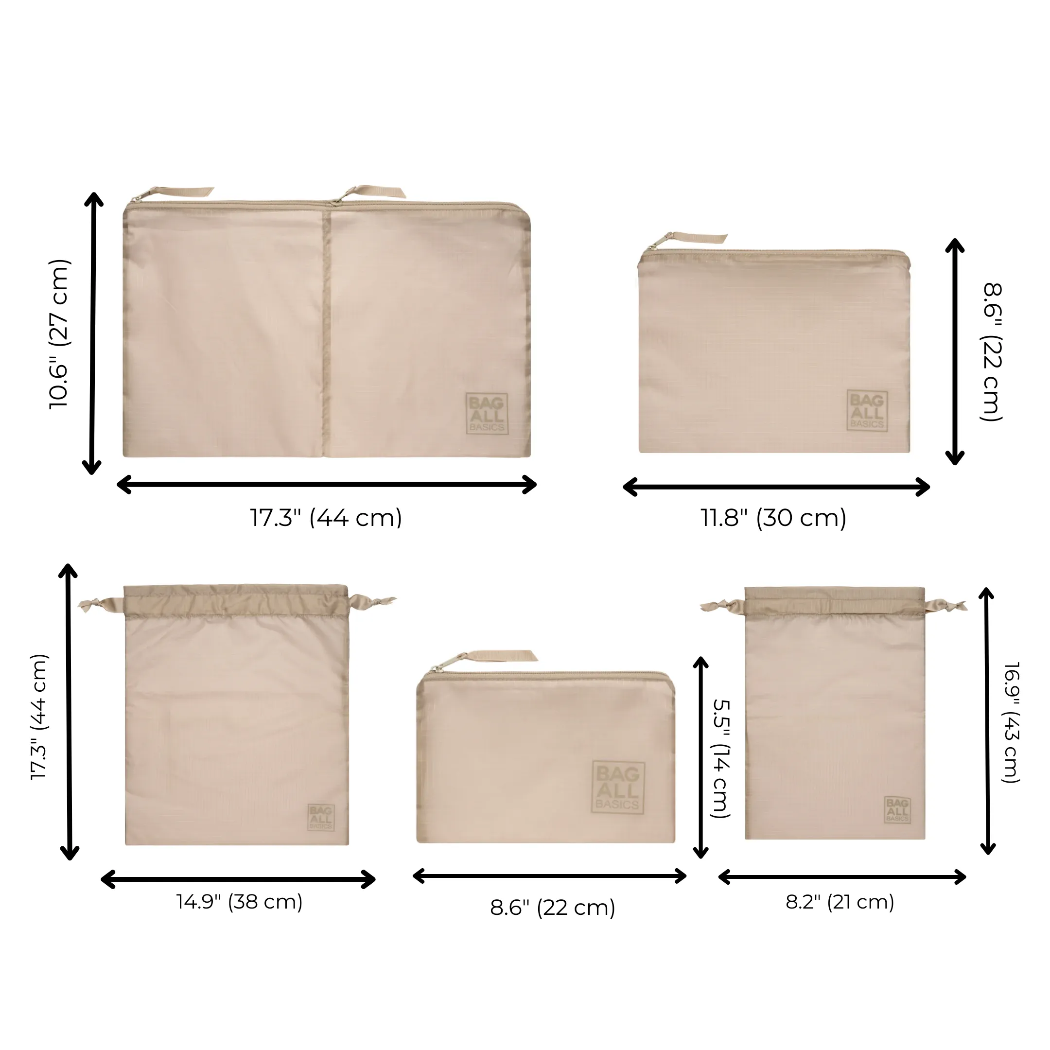 Packing Bags Set in Recycled Nylon, 5-pack, Taupe