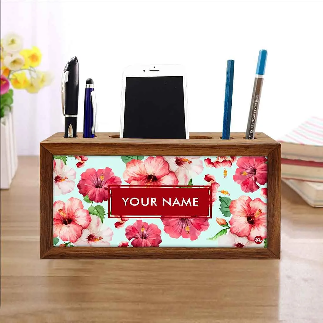 Personalized Wooden desktop organizer - Red Hibiscus Flower