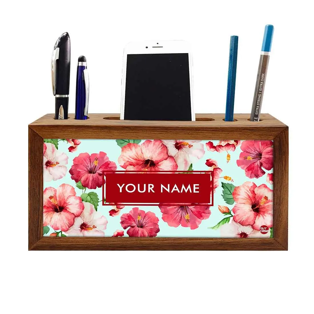 Personalized Wooden desktop organizer - Red Hibiscus Flower