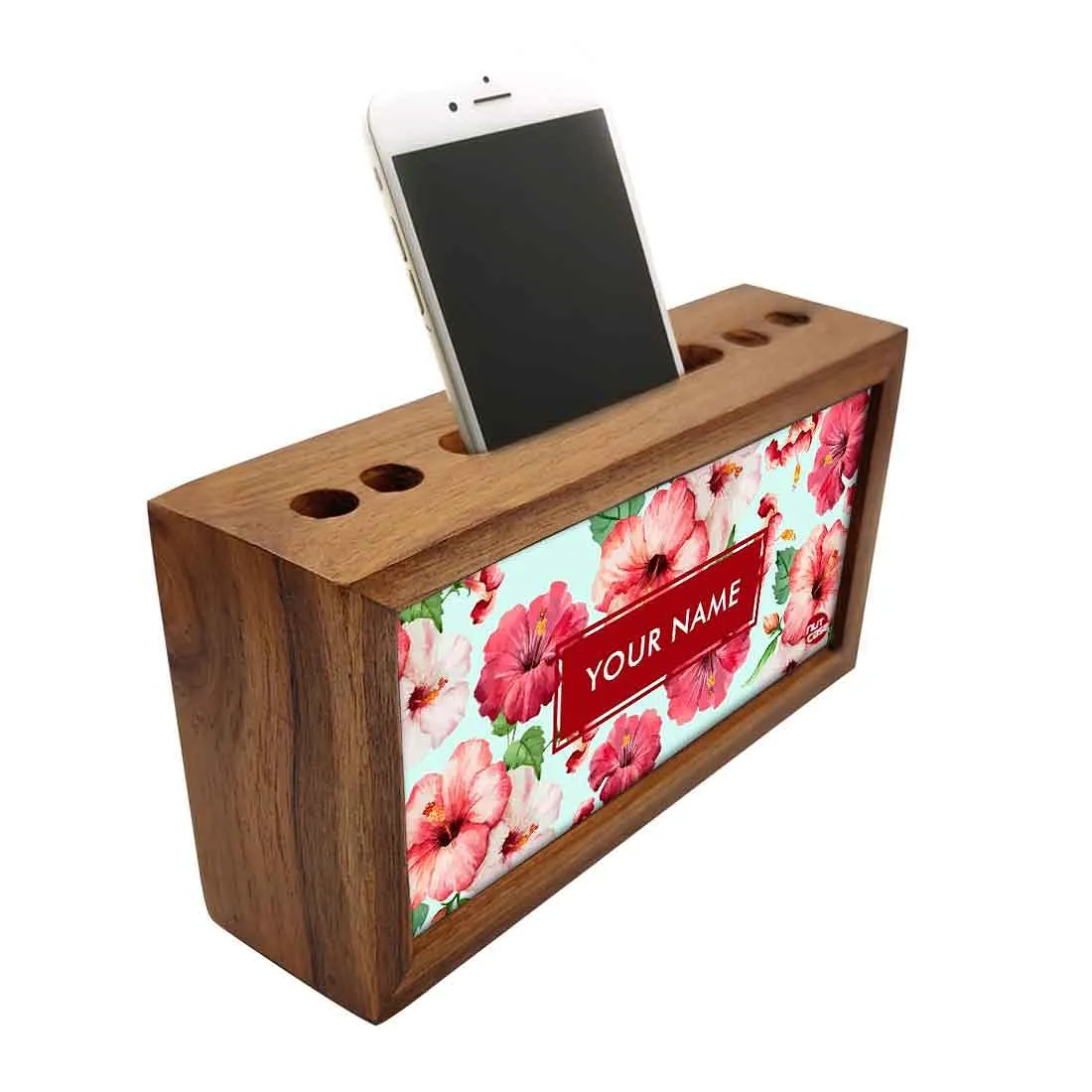 Personalized Wooden desktop organizer - Red Hibiscus Flower