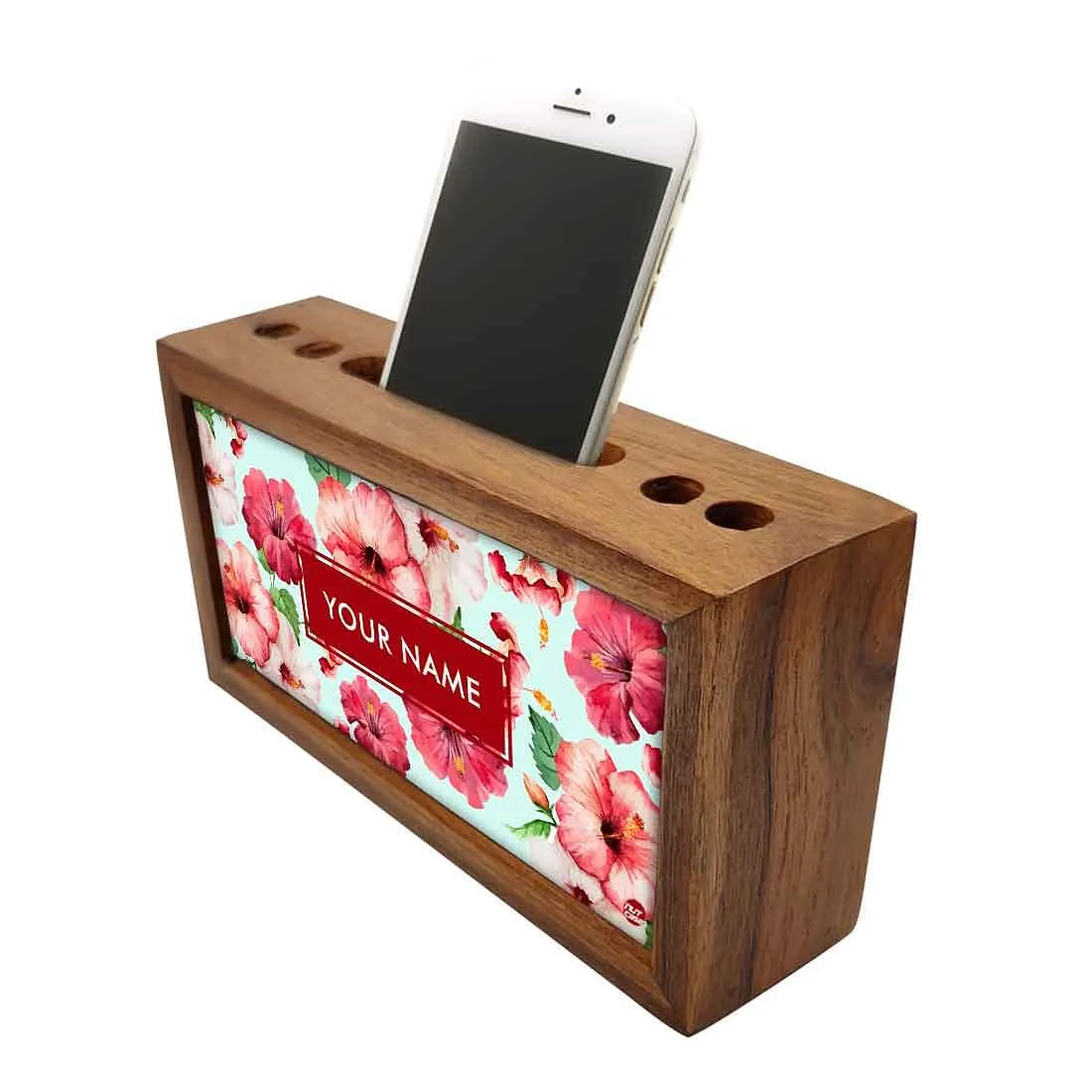 Personalized Wooden desktop organizer - Red Hibiscus Flower