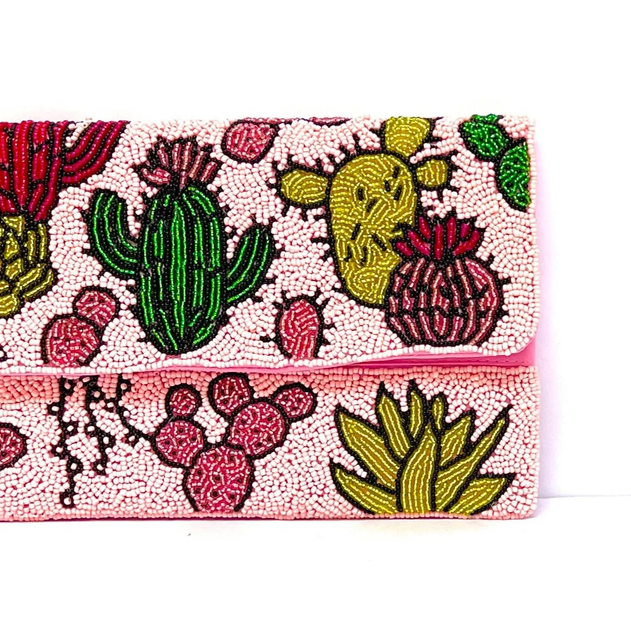 Pink Desert Cactus Beaded Clutch Purse