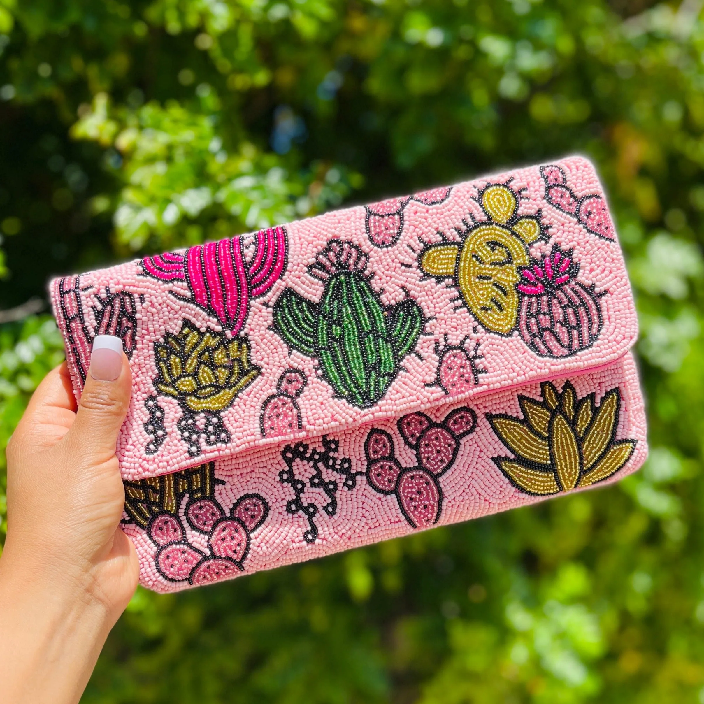 Pink Desert Cactus Beaded Clutch Purse