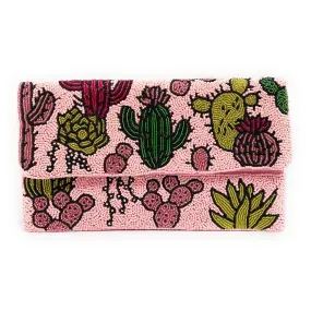 Pink Desert Cactus Beaded Clutch Purse