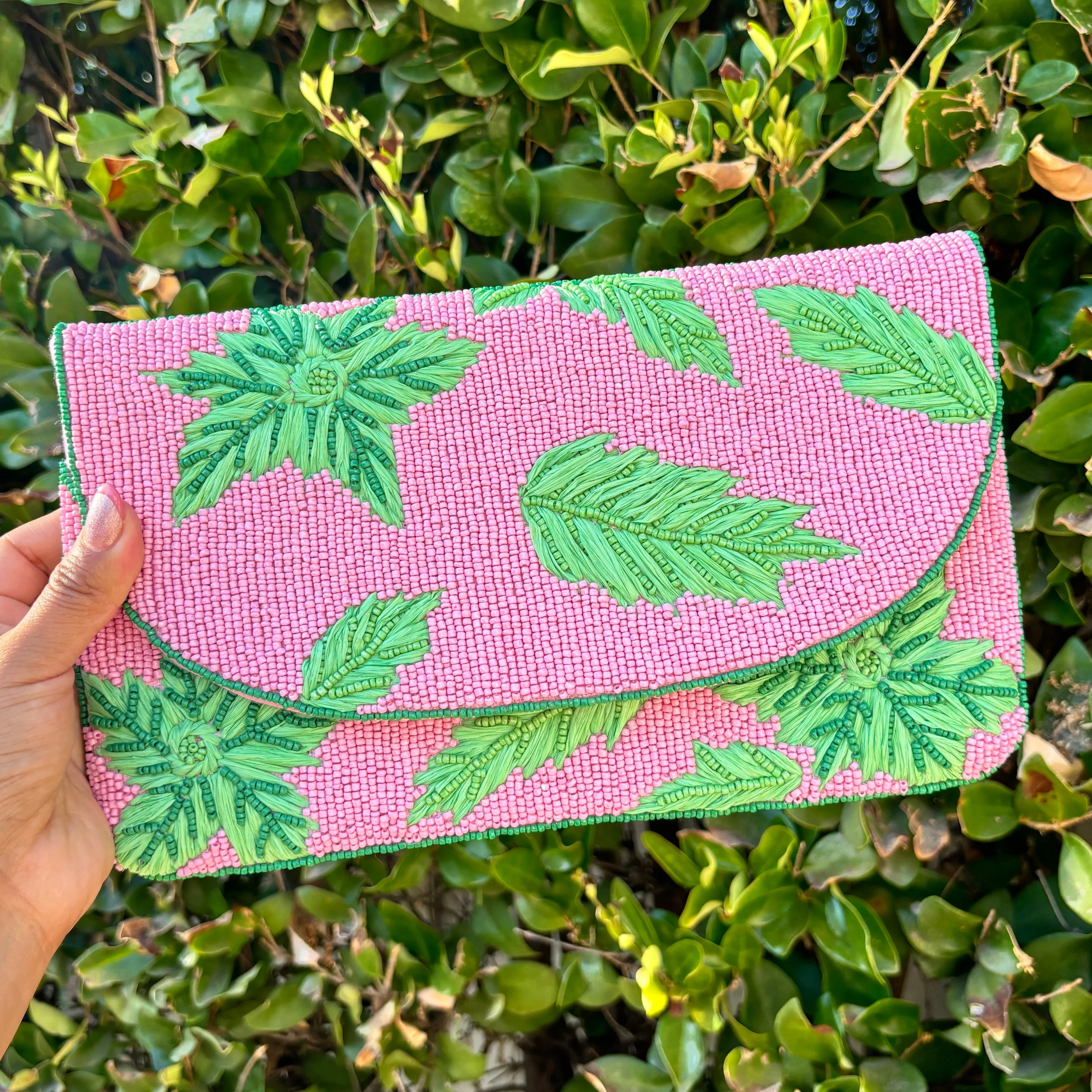 Pink Green Beaded Clutch Purse