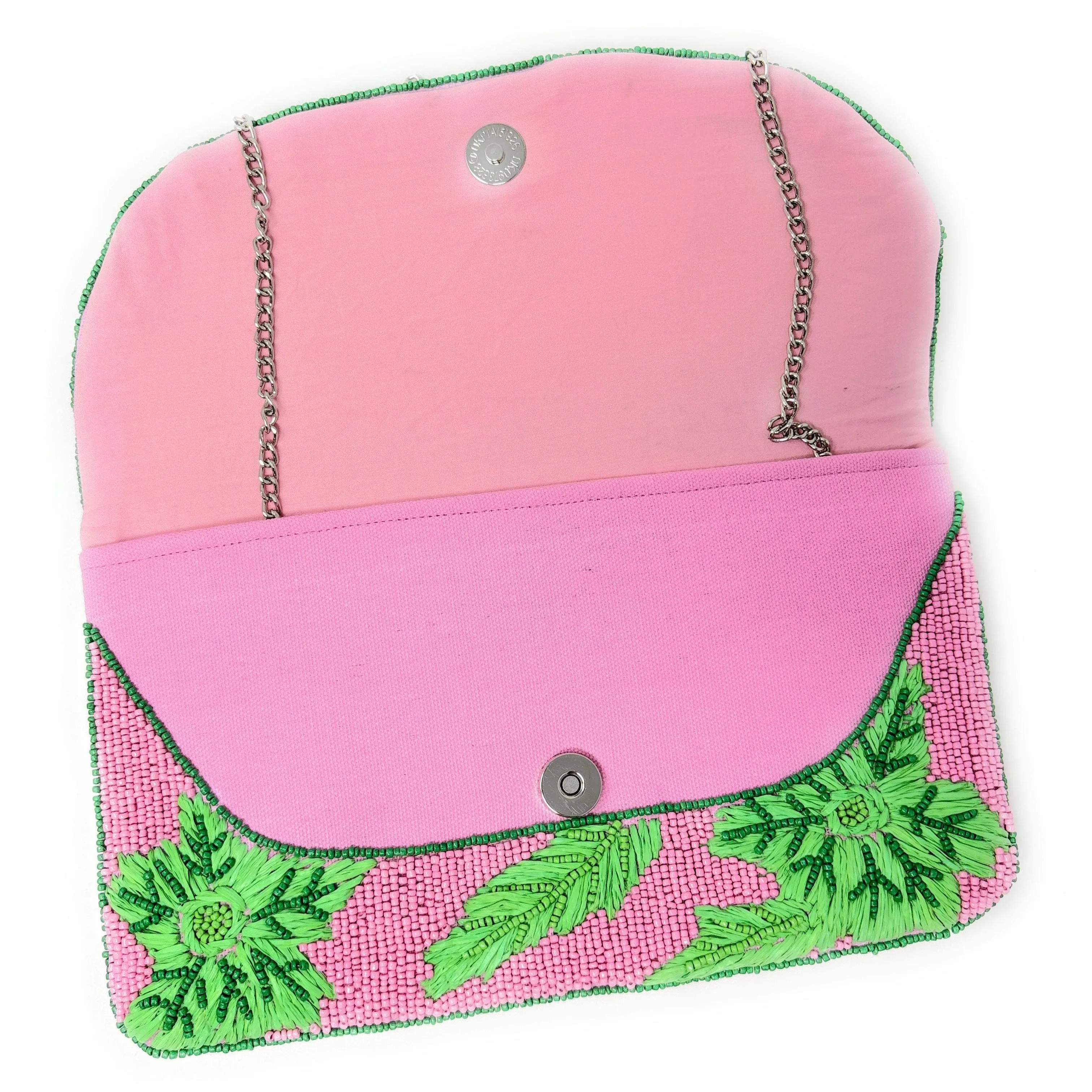 Pink Green Beaded Clutch Purse