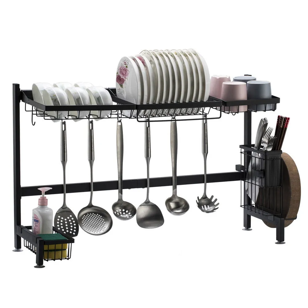 RONSHIN Single Layer Bowl Rack Shelf Dish Drainer 92cm Inner Length Kitchen Organizer Black