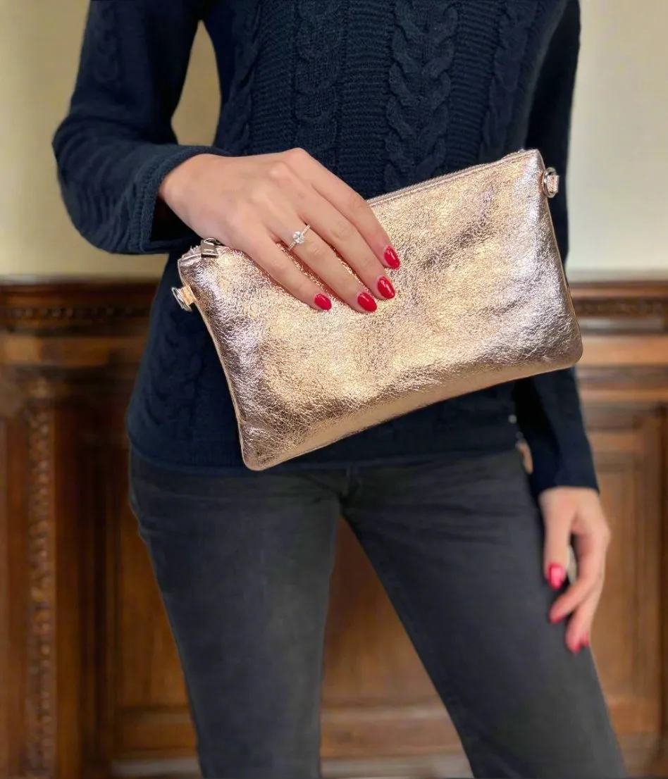 Rose Gold Metallic Leather Clutch Bag