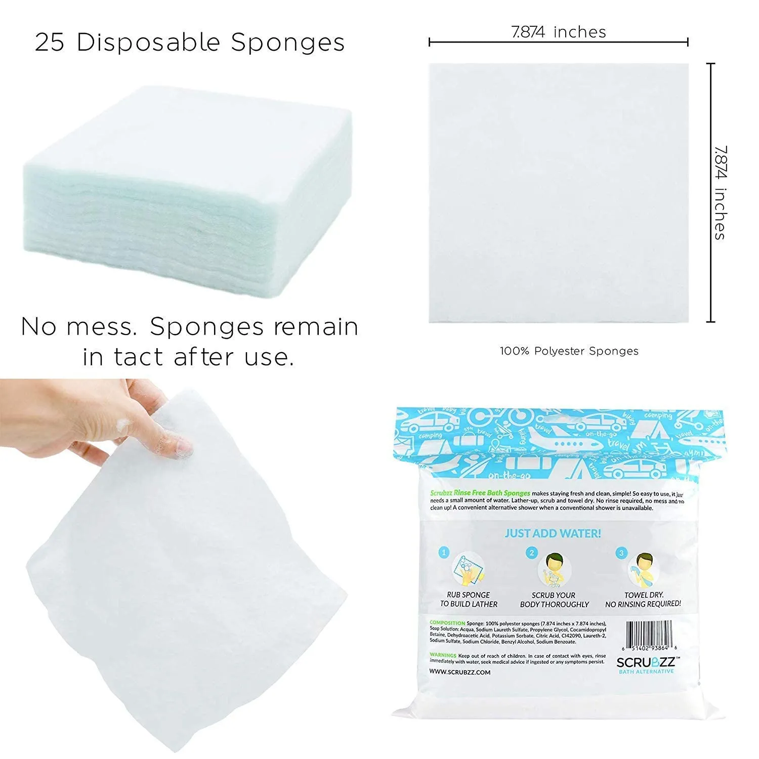 Scrubzz Disposable No Rinse Bathing Wipes - 25 Pack - All-in-1 Single Use Shower Wipes, Simply Dampen, Lather, and Dry Without Shampoo or Rinsing (Lavender, 1-Pack)