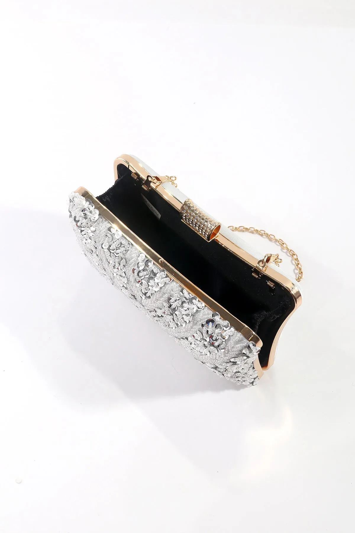 Silver Embellished Hard Shell Clutch