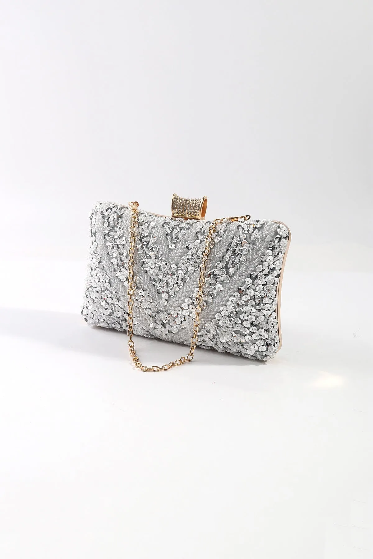 Silver Embellished Hard Shell Clutch