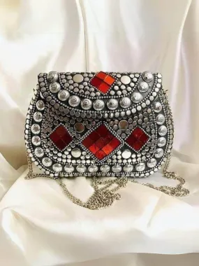 Silver Toned Red Mosaic Metal Embellished Clutch