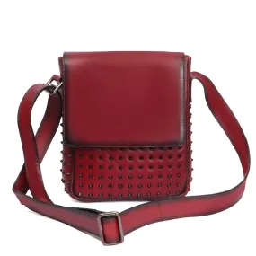 Sling Flap Over Black Studded Crossbody Wine Leather Bag