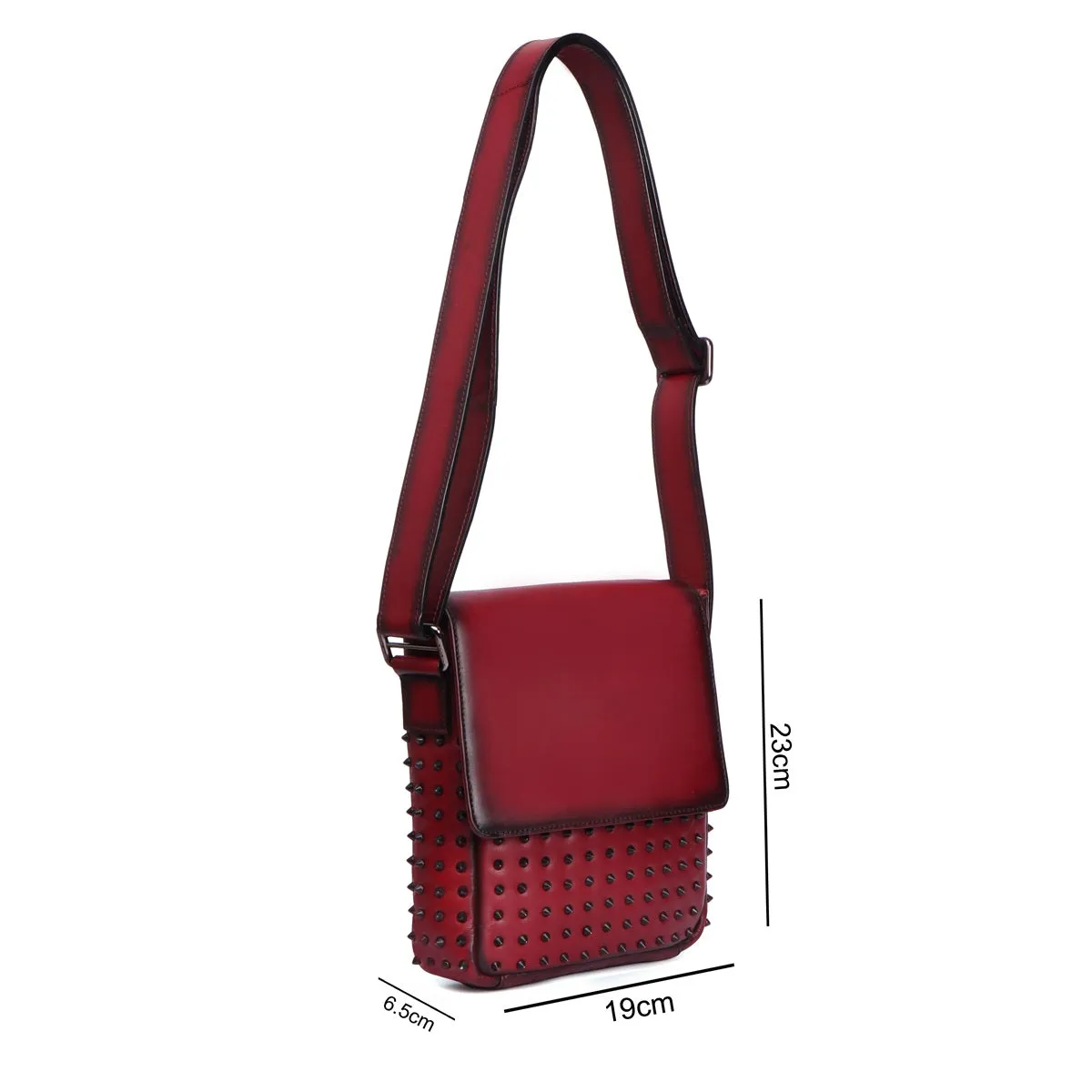 Sling Flap Over Black Studded Crossbody Wine Leather Bag