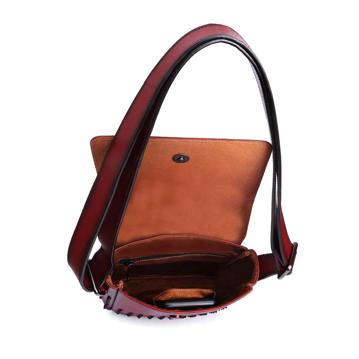 Sling Flap Over Black Studded Crossbody Wine Leather Bag