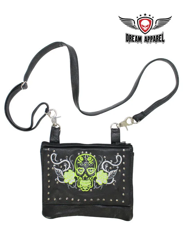 Studded Lime Green & White Sugar Skull Naked Cowhide Leather Belt Bag W/ Gun Pocket