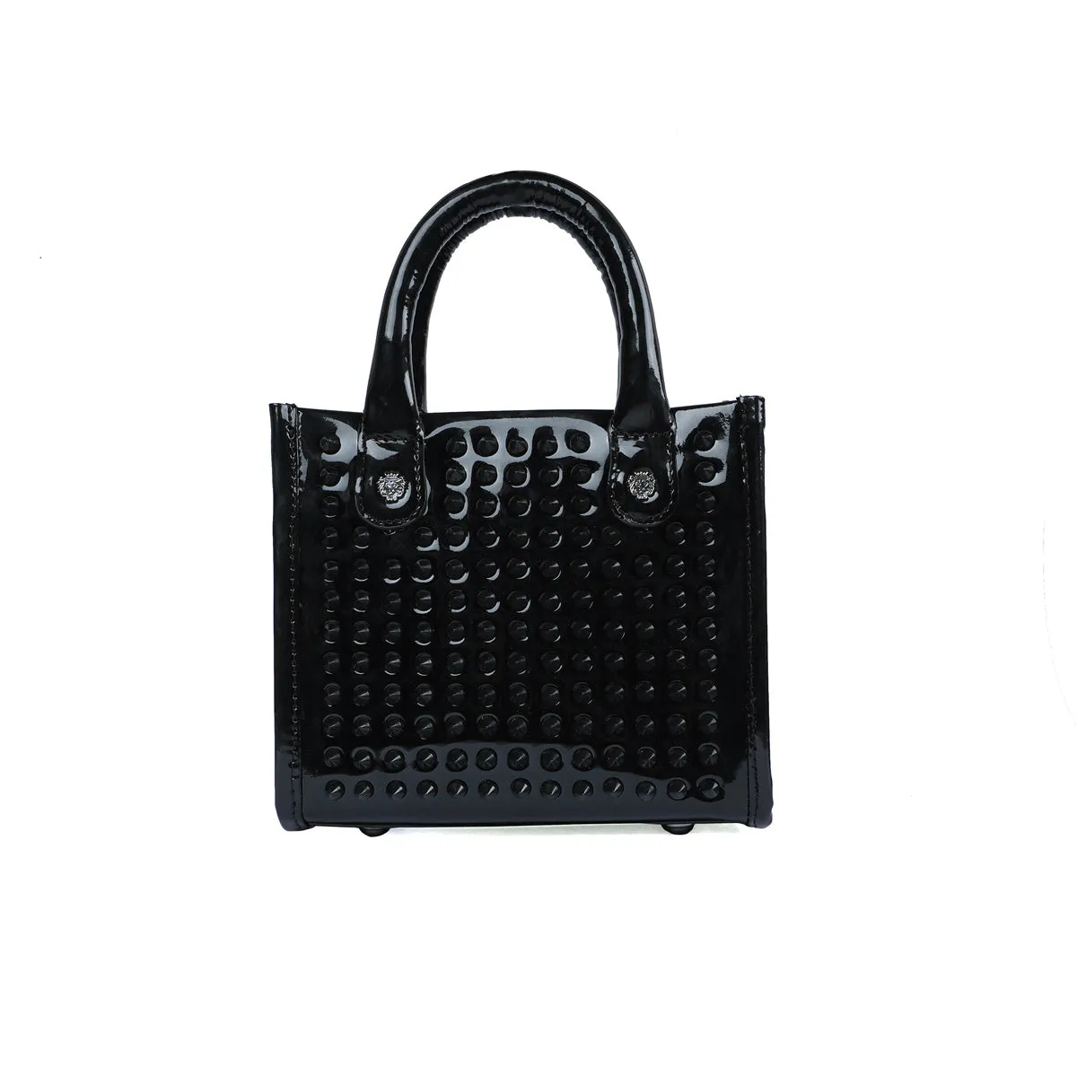 Studded Mini Size Hand Bag in Black Leather