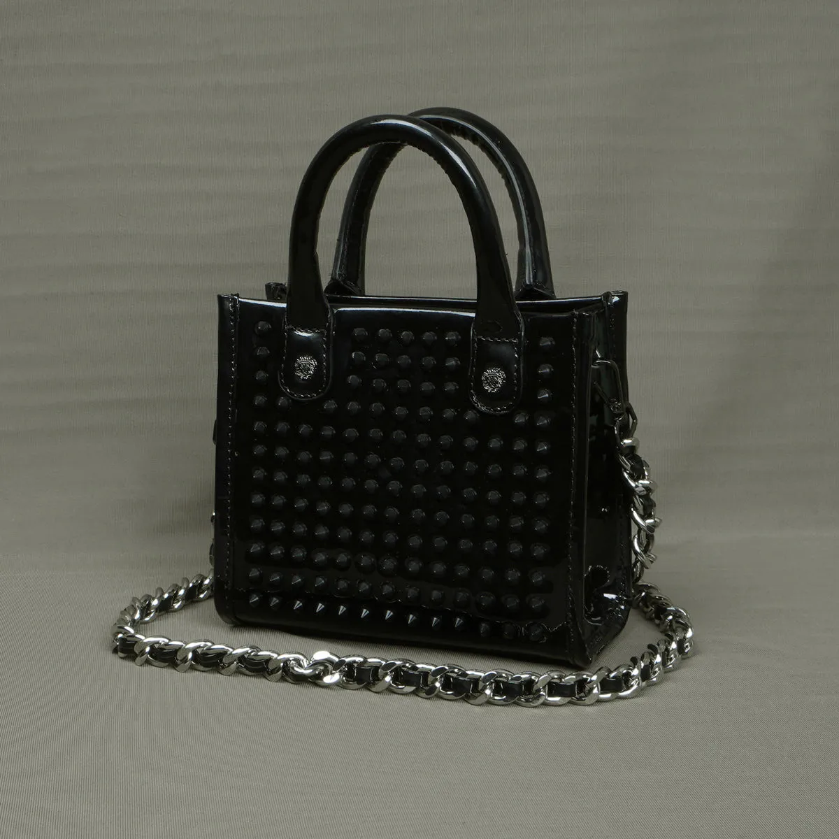 Studded Mini Size Hand Bag in Black Leather