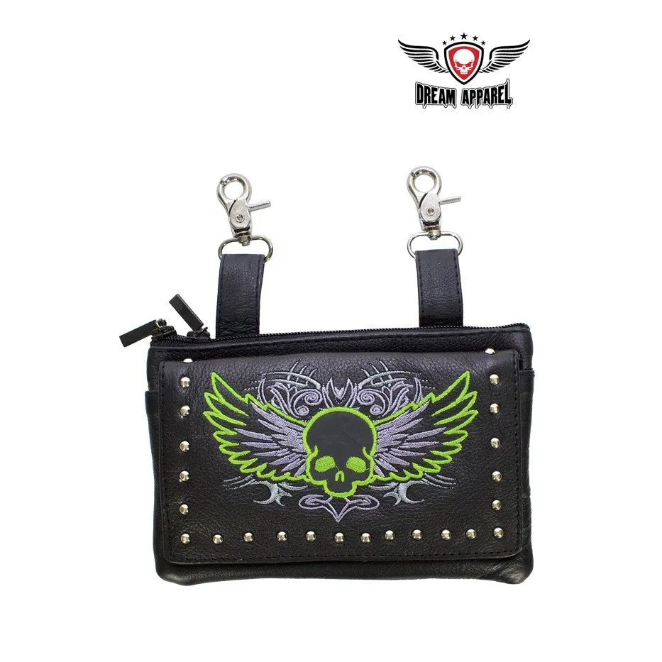 Studded Naked Cowhide Leather Lime Green Skull Belt Bag