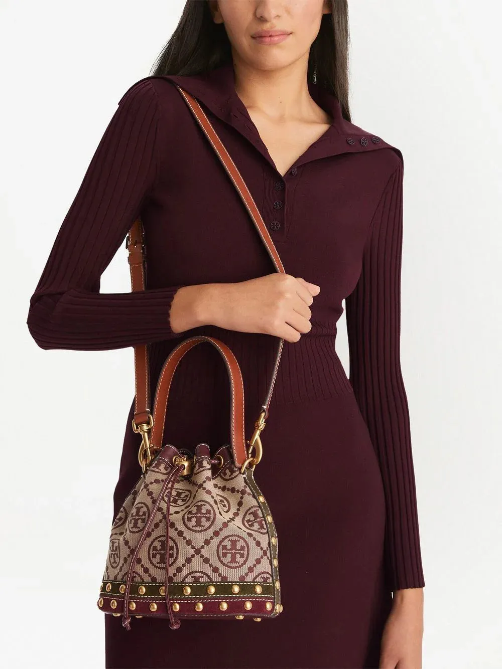 T Monogram Jacquard Studded Bucket Bag