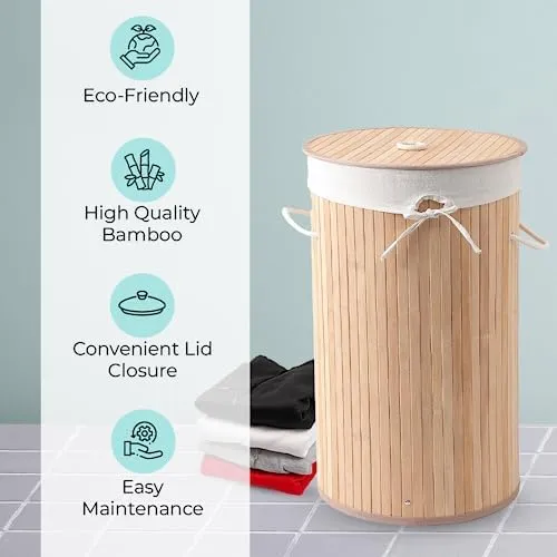 The Better Home Bamboo Laundry Bag 72 Litres With Lid (Pack of 3) | Foldable Laundry Basket For Clothes | Washing Clothes Basket | Clothes Bin - Light Brown