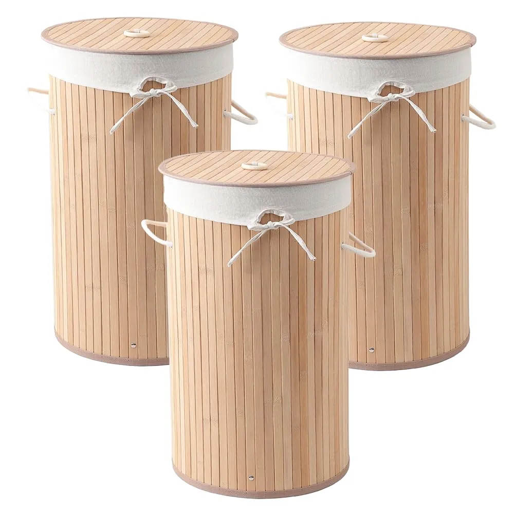 The Better Home Bamboo Laundry Bag 72 Litres With Lid (Pack of 3) | Foldable Laundry Basket For Clothes | Washing Clothes Basket | Clothes Bin - Light Brown