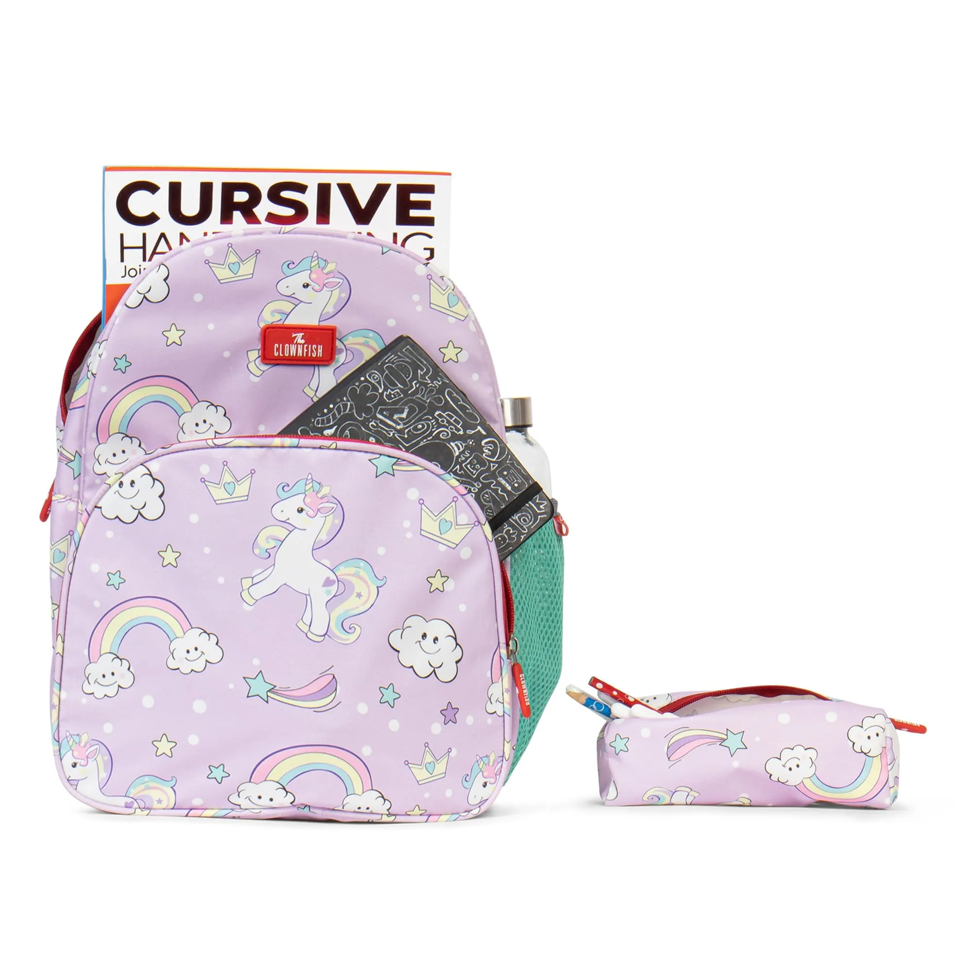 THE CLOWNFISH Cosmic Critters Series Printed Polyester 15 Litres Kids Backpack School Bag with Free Pencil Staionery Pouch Daypack Picnic Bag for Tiny Tots Of Age 5-7 Years (Lavender - Unicorn)