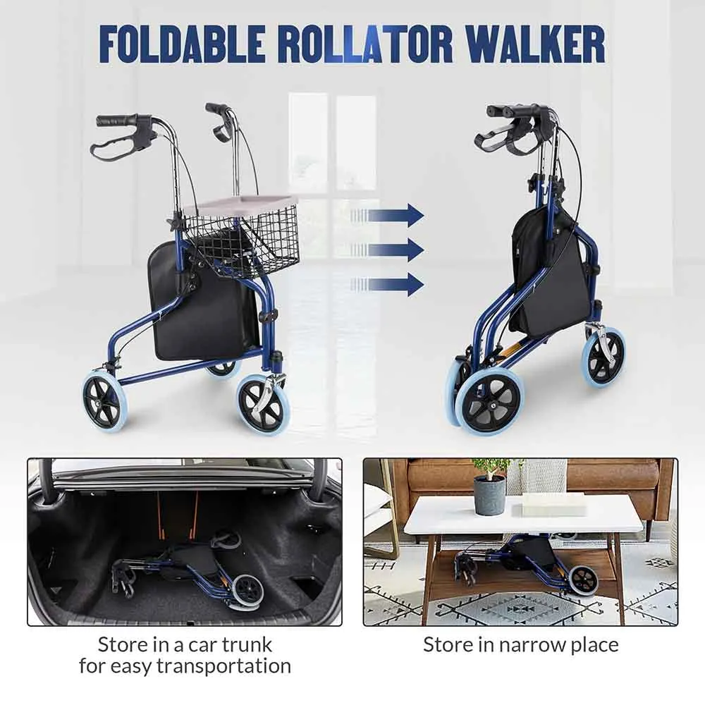 TheLAShop 3-Wheel Folding Walker Rollator w/ Brakes Basket & Pouch