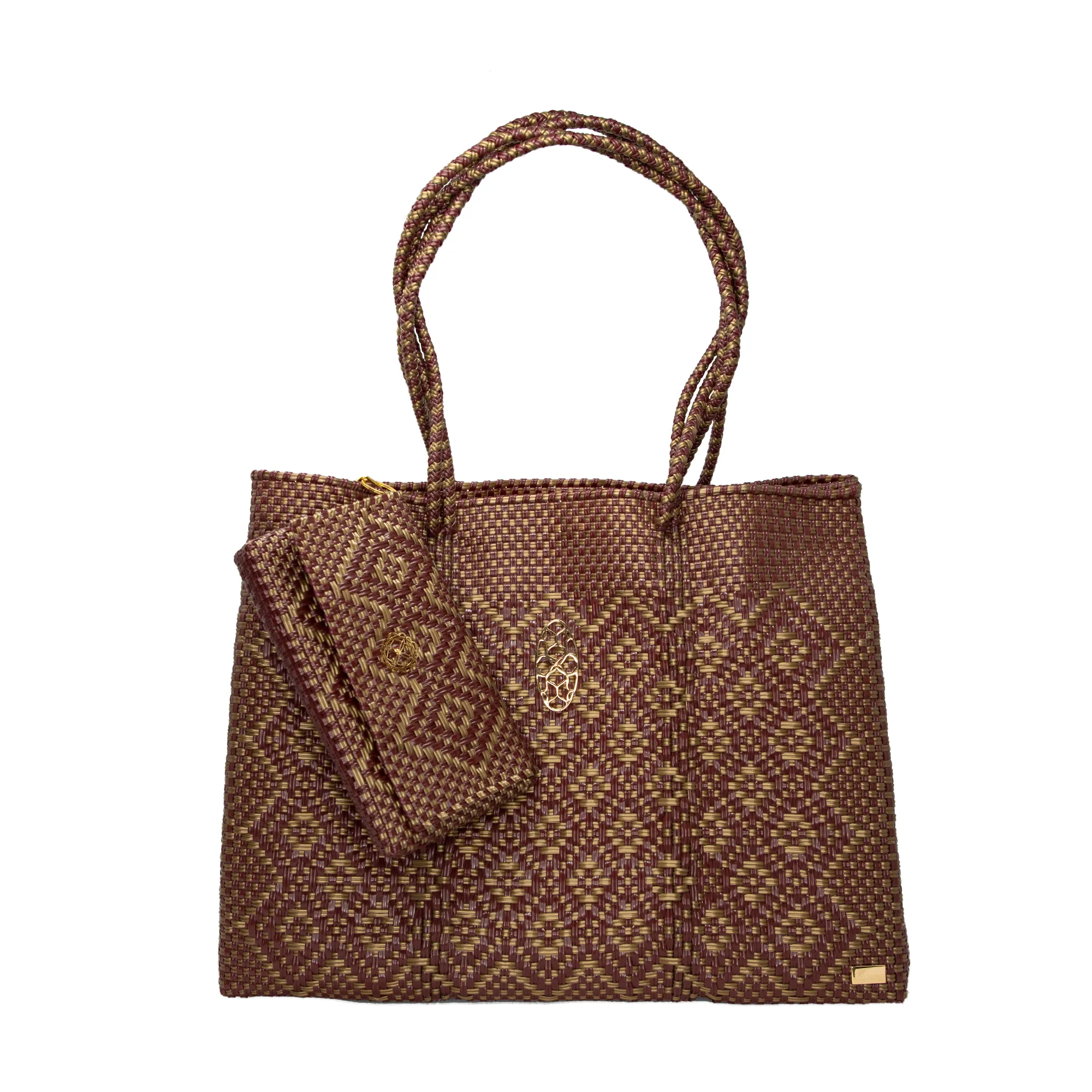 TRAVEL BURGUNDY GOLD AZTEC TOTE WITH CLUTCH