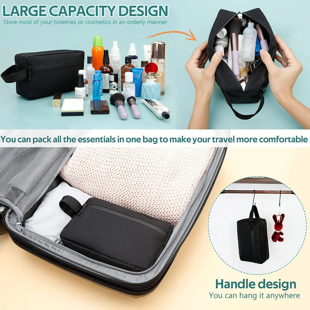 Travel Toiletry Bag for Women and Men, Water-Resistant Shaving Bag for Toiletries Accessories, Foldable Storage Bags with Divider and Handle for Cosmetics Toiletries Brushes Tools (Gray)