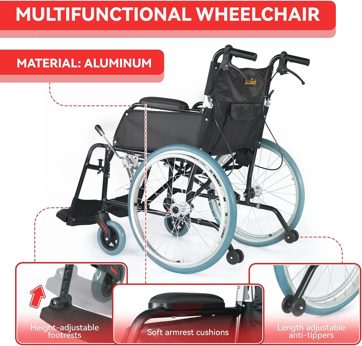 Ultra Lightweight Foldable Wheelchair for Adults - Only 22 lbs | Portable Transport Chair with Handbrakes, Swing Away Footrests, Anti-Tippers