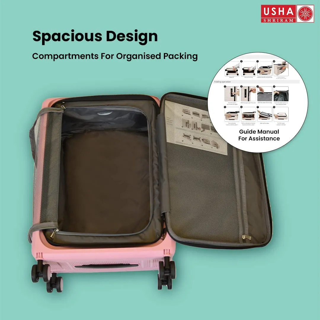 USHA SHRIRAM Cabin & Check-In Bag Combo (2 Pcs - 55cm & 65cm) Collapsible Luggage Bag | Polypropylene | Rose Pink | Suitcase For Travel | 360 Degree Wheel | Foldable Trolley Bag For Travel (Pack of 2)