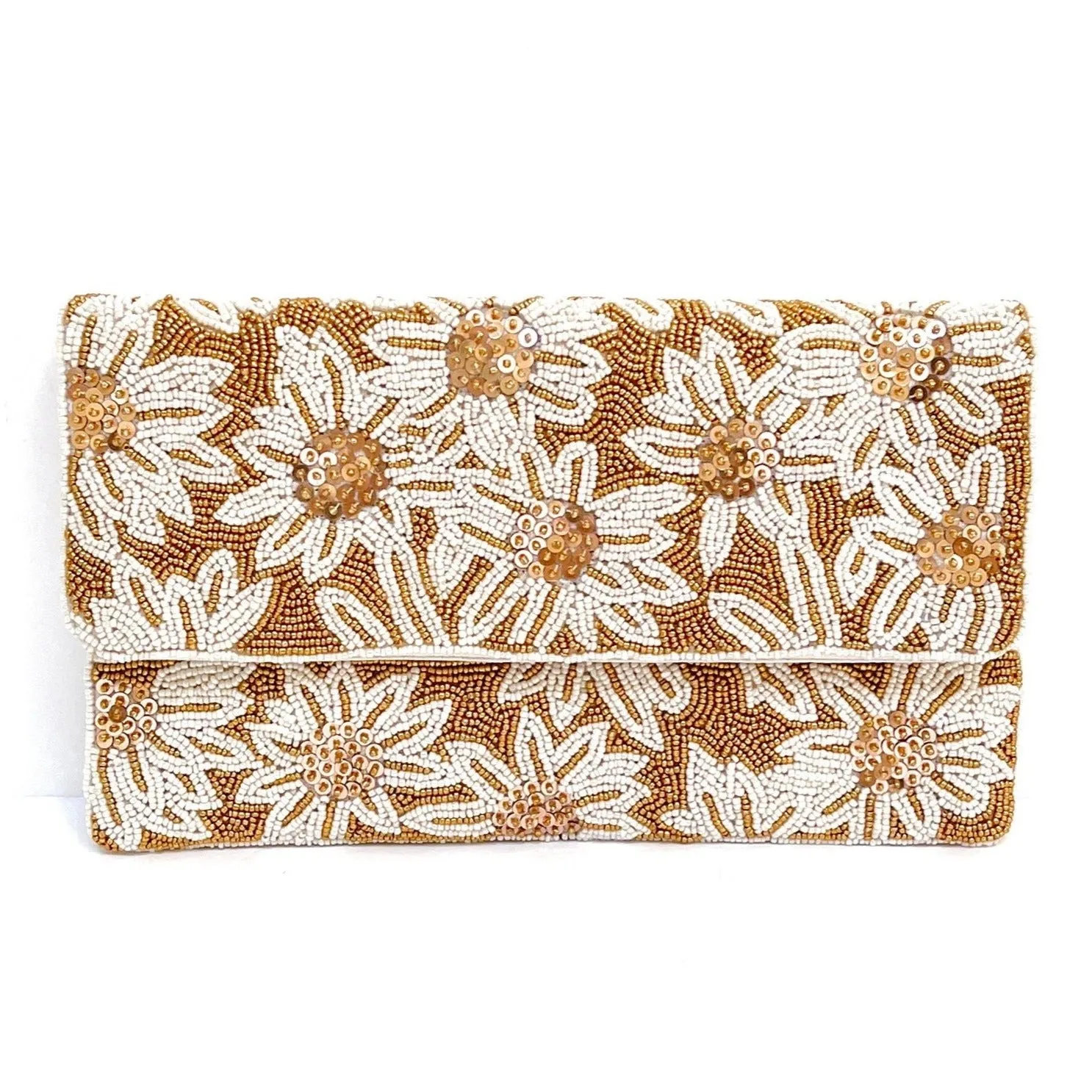 White Flowers Beaded Clutch Purse