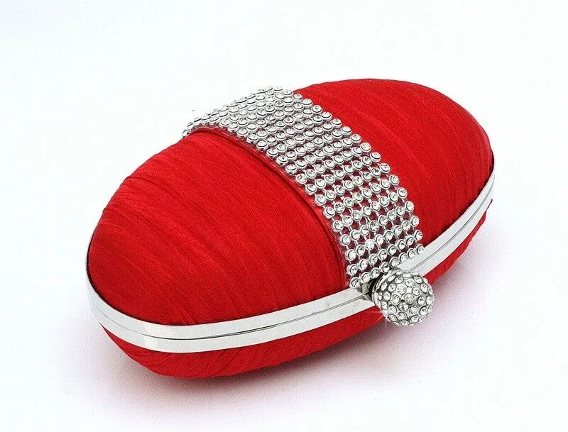 Womens Cute Oval Shape Satin Diamante Clutch Hand Bag Wedding Bridal Red