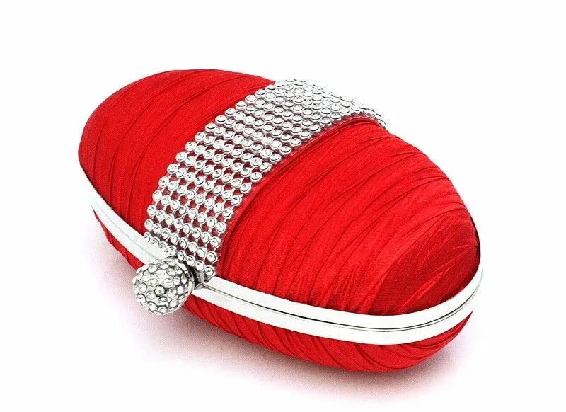 Womens Cute Oval Shape Satin Diamante Clutch Hand Bag Wedding Bridal Red