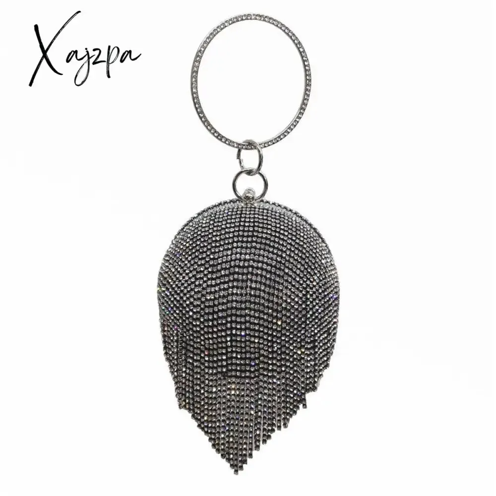 Xajzpa - New Fringed Spherical Evening Bag Diamond Handbag Rhinestone Wedding Purse Bridal Handbag Gift Party Clutch Glitter Silver Gold