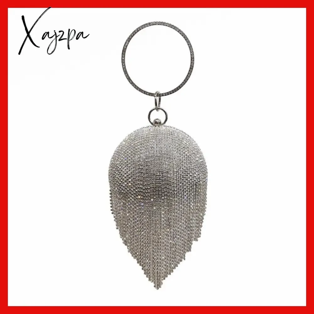 Xajzpa - New Fringed Spherical Evening Bag Diamond Handbag Rhinestone Wedding Purse Bridal Handbag Gift Party Clutch Glitter Silver Gold