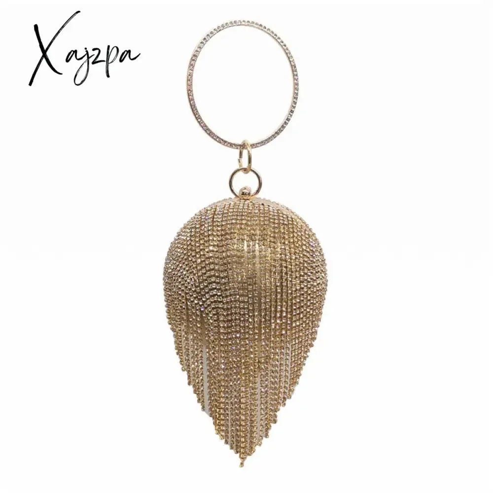 Xajzpa - New Fringed Spherical Evening Bag Diamond Handbag Rhinestone Wedding Purse Bridal Handbag Gift Party Clutch Glitter Silver Gold