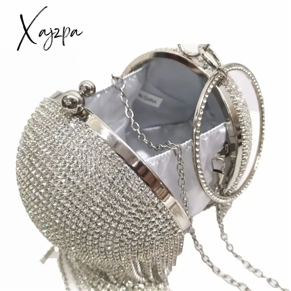 Xajzpa - New Fringed Spherical Evening Bag Diamond Handbag Rhinestone Wedding Purse Bridal Handbag Gift Party Clutch Glitter Silver Gold