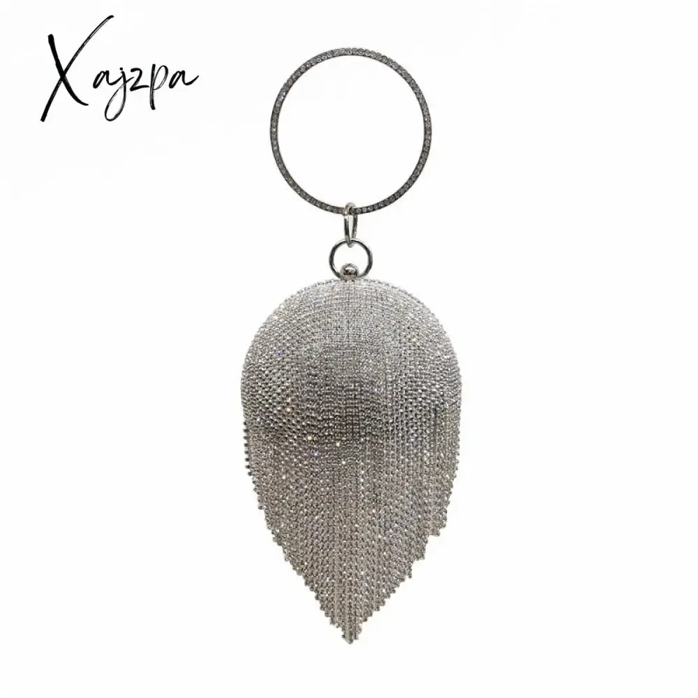 Xajzpa - New Fringed Spherical Evening Bag Diamond Handbag Rhinestone Wedding Purse Bridal Handbag Gift Party Clutch Glitter Silver Gold