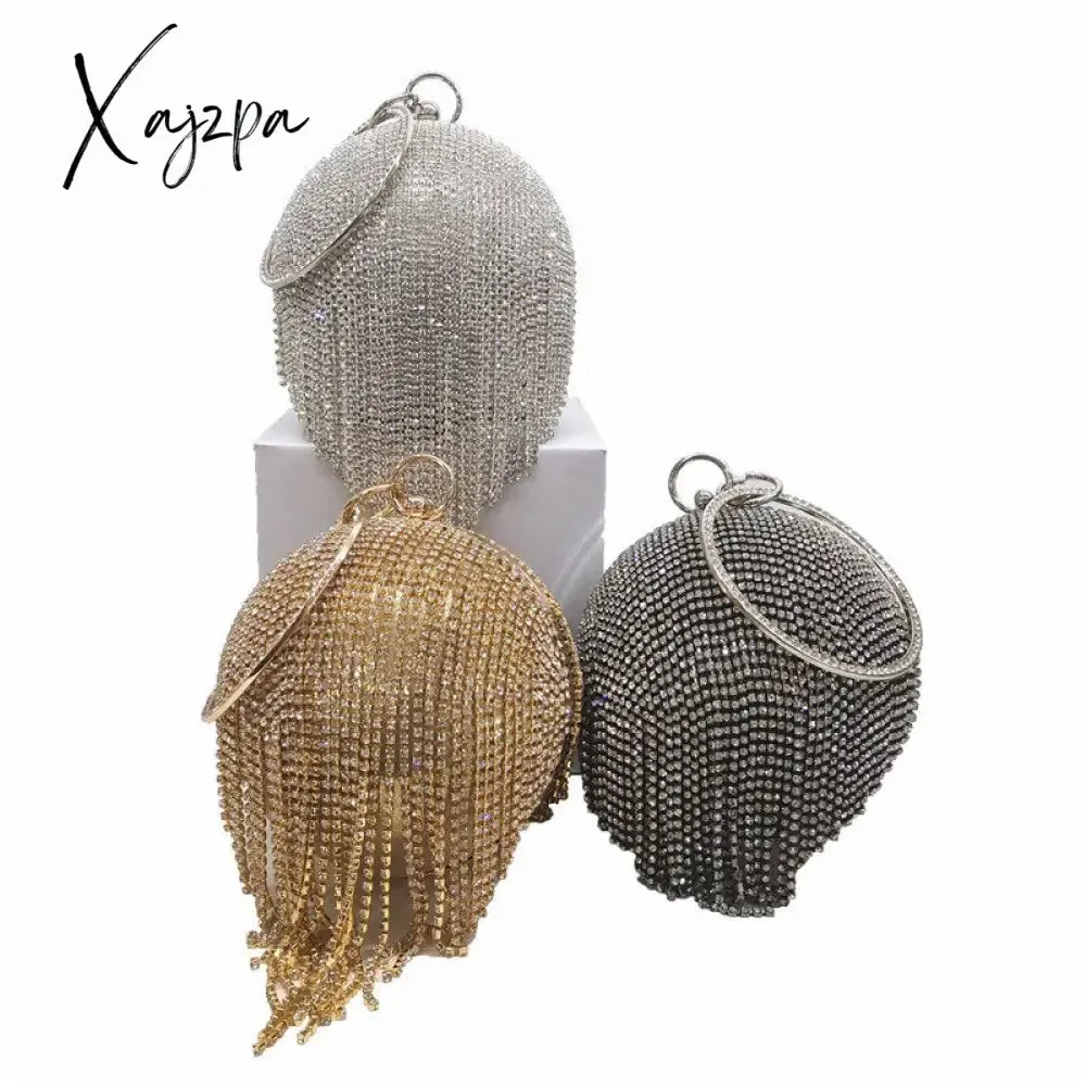 Xajzpa - New Fringed Spherical Evening Bag Diamond Handbag Rhinestone Wedding Purse Bridal Handbag Gift Party Clutch Glitter Silver Gold